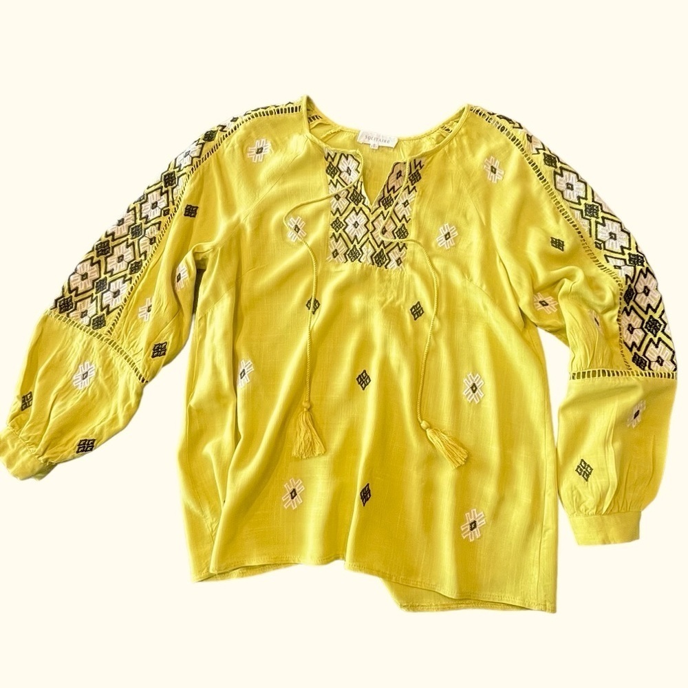 Anthropologie Solitaire Blouse S Mustard Yellow Black Pink Embroidered Design